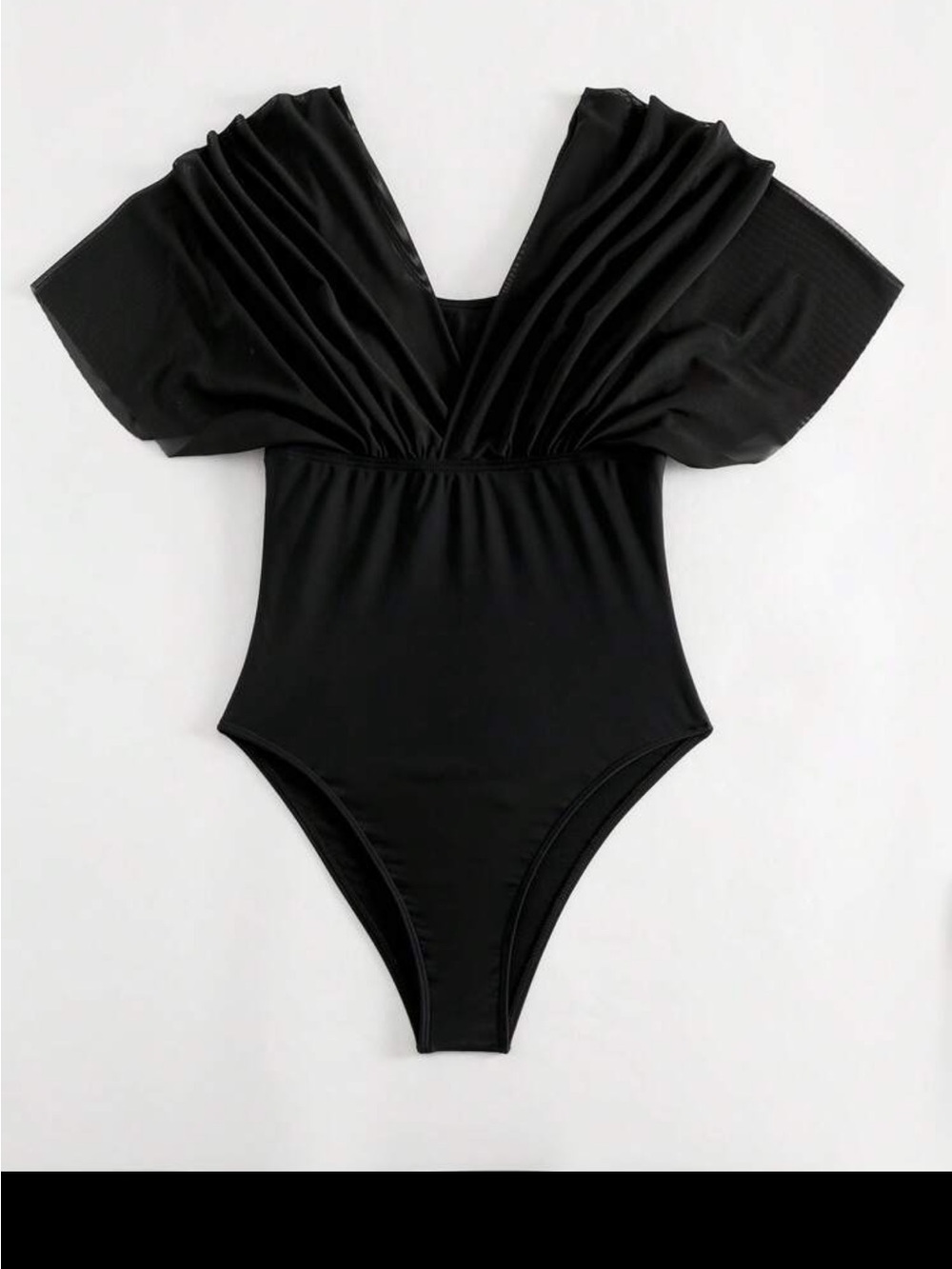 Black One-Piece Women’s Swimwear with Draped Sheer Top - Picture 4 of 4
